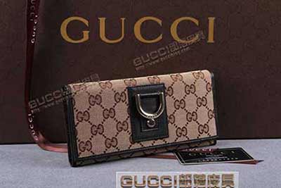 gucci 141413 杏布啡皮 古奇帆布配皮錢包