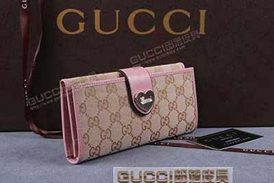 gucci 203552 淺杏布粉紅皮 女士帆布錢包