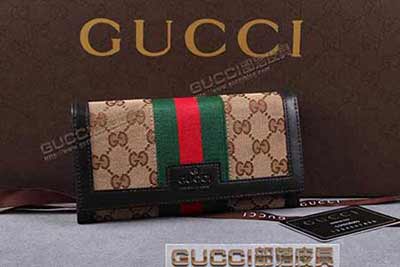 gucci 225834 杏布啡皮 古奇帆布配皮錢(qián)包