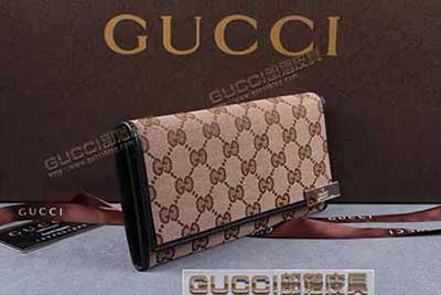 gucci 257015 杏布啡皮 古奇帆布配皮錢包