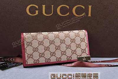 gucci 257015 杏布玫紅皮 古奇帆布配皮錢包