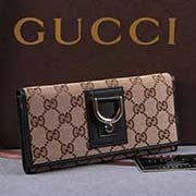 gucci 141413 杏布啡皮 古奇帆布配皮錢包