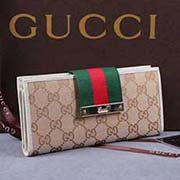 gucci 181668-1 淺杏布米白皮 古奇帆布配皮錢包