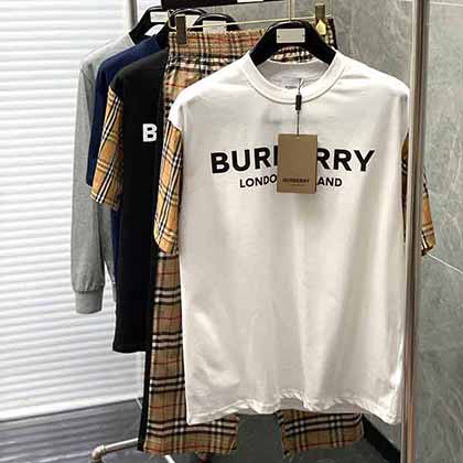 Burberry巴寶莉經(jīng)典格紋拼接時尚休閑短袖男