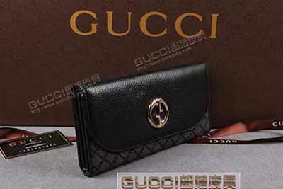 gucci 245739 方格黑布黑皮 古奇帆布配皮錢包