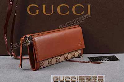 gucci 323396 杏布棕皮 古奇帆布配皮錢包